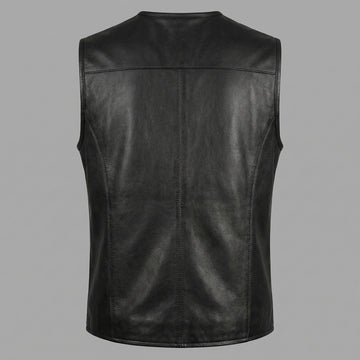 Men’s black leather sleeveless vest with front zipper, clean round neckline, and minimalist biker style.