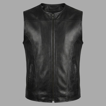 Men’s black leather sleeveless vest with front zipper, clean round neckline, and minimalist biker style.