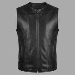 Front view of a black leather motorcycle vest featuring a zip-up closure, smooth finish, and simple tailored fit.