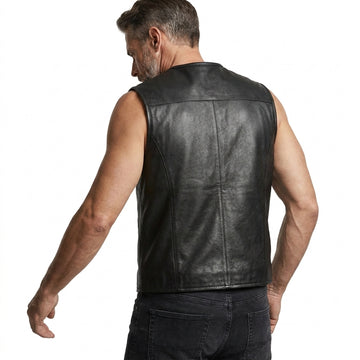 Men’s black leather sleeveless vest with front zipper, clean round neckline, and minimalist biker style.