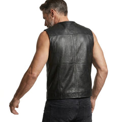 Classic black leather motorcycle vest with clean stitching, front zip closure, and fitted sleeveless design.