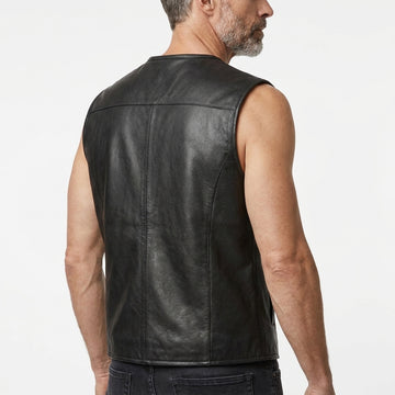 Men’s black leather sleeveless vest with front zipper, clean round neckline, and minimalist biker style.