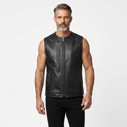 Men’s black leather sleeveless vest with front zipper, clean round neckline, and minimalist biker style.