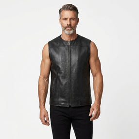 Men’s black leather sleeveless vest with front zipper, clean round neckline, and minimalist biker style.