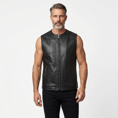 Men’s black leather sleeveless vest with front zipper, clean round neckline, and minimalist biker style.