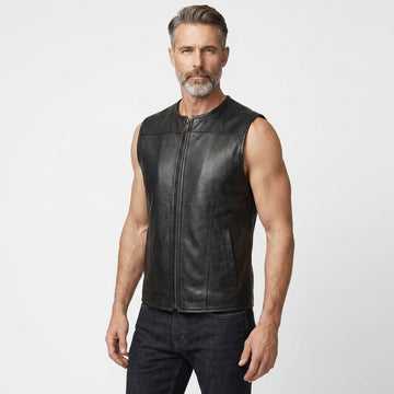 Men’s black leather sleeveless vest with front zipper, clean round neckline, and minimalist biker style.