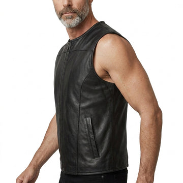 Men’s black leather sleeveless vest with front zipper, clean round neckline, and minimalist biker style.