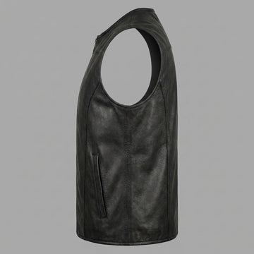 Men’s black leather sleeveless vest with front zipper, clean round neckline, and minimalist biker style.