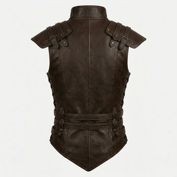 Men’s dark brown leather warrior vest with high collar, shoulder armor panels, buckle straps, and studded front details.