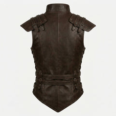 Male model wearing a medieval-inspired brown leather vest with high neck, armored shoulder flaps, and fitted torso design.