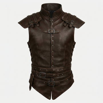 Men’s dark brown leather warrior vest with high collar, shoulder armor panels, buckle straps, and studded front details.