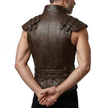 Men’s dark brown leather warrior vest with high collar, shoulder armor panels, buckle straps, and studded front details.