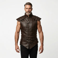 Men’s dark brown leather warrior vest with high collar, shoulder armor panels, buckle straps, and studded front details.