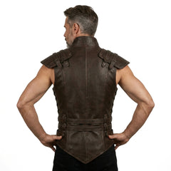 Men’s steampunk leather vest with layered belt accents, rivets, high collar, and rugged fantasy costume design.