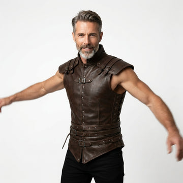 Men’s dark brown leather warrior vest with high collar, shoulder armor panels, buckle straps, and studded front details.