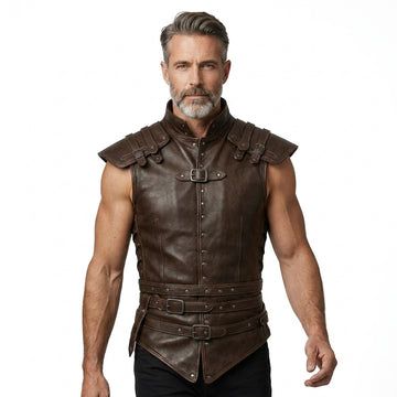 Men’s dark brown leather warrior vest with high collar, shoulder armor panels, buckle straps, and studded front details.