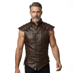 Alternative men’s leather vest in dark brown with medieval warrior details, belted waist, and sleeveless cut.