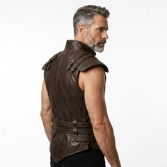 Gothic brown leather chest armor vest with structured high collar, shoulder epaulettes, zipper front, and buckle accents.