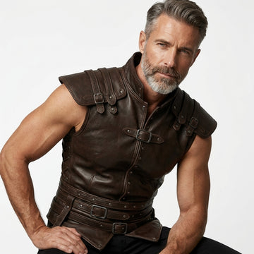 Men’s dark brown leather warrior vest with high collar, shoulder armor panels, buckle straps, and studded front details.