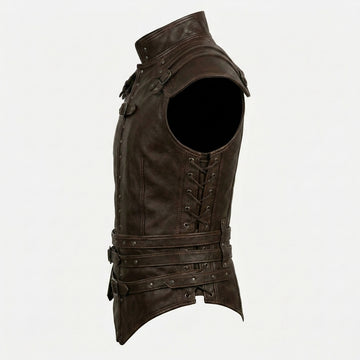Men’s dark brown leather warrior vest with high collar, shoulder armor panels, buckle straps, and studded front details.