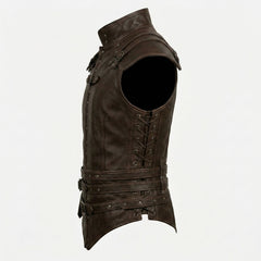 Dark fantasy leather vest for men with front zipper, buckle chest strap, stud detailing, and reinforced waist panels.