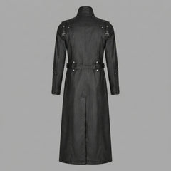 back view gothic black leather trench coat with buckles