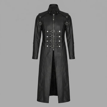 Man wearing a black leather gothic coat with silver buckles on a white background