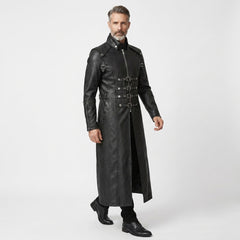 Full-length black gothic leather trench coat with high collar, front buckles, zipper closure, and long structured silhouette on a male model.