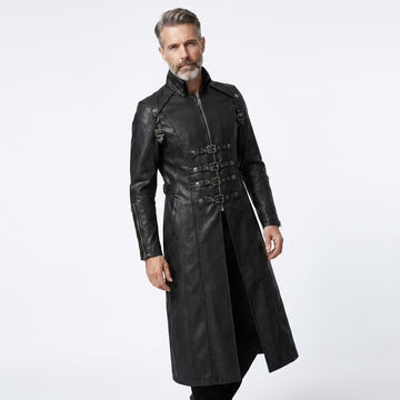 Man wearing a black leather gothic coat with silver buckles on a white background