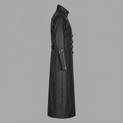 Side view black leather coat with metal buckle details on a gray background