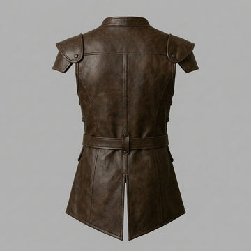 Man wearing a brown leather vest on a white background