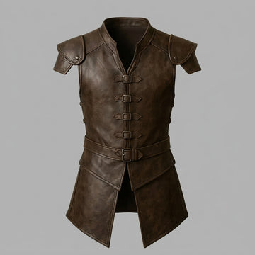 Man wearing a brown leather vest on a white background