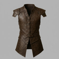 Brown leather vest with shoulder pads on a gray background