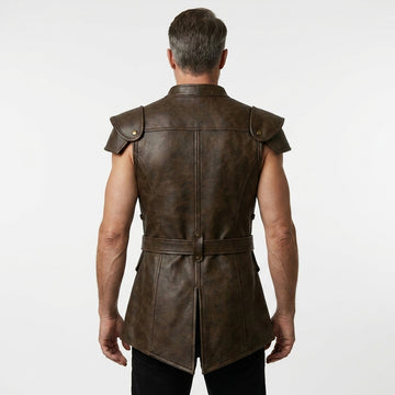 Man wearing a brown leather vest on a white background