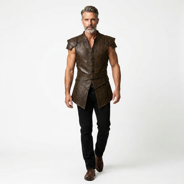 Man wearing a brown leather vest on a white background