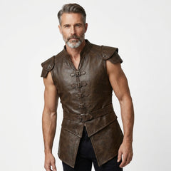 Man wearing a brown leather vest on a white background