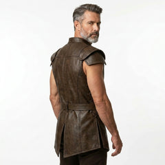Man wearing a brown leather jerkin on a white background