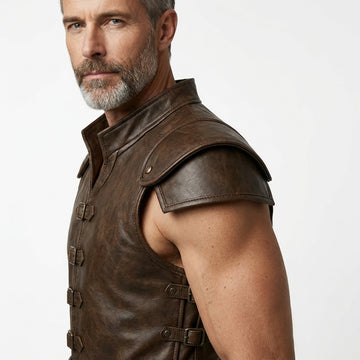 Man wearing a brown leather vest on a white background