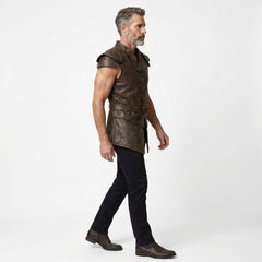 Man wearing a brown leather warrior vest on a white background