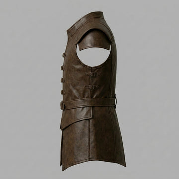 Man wearing a brown leather vest on a white background