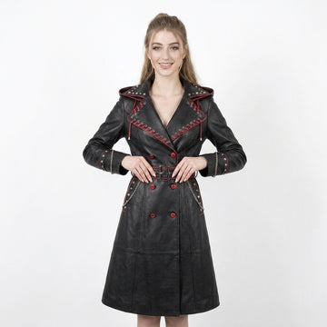 Black Leather Trench Coat With Hood | Corporate Goth Leather Hooded Coat | Princess Coat | Matrix Trench Coat Women | Winter Coat | Womens Clothing | Fall Style Gift