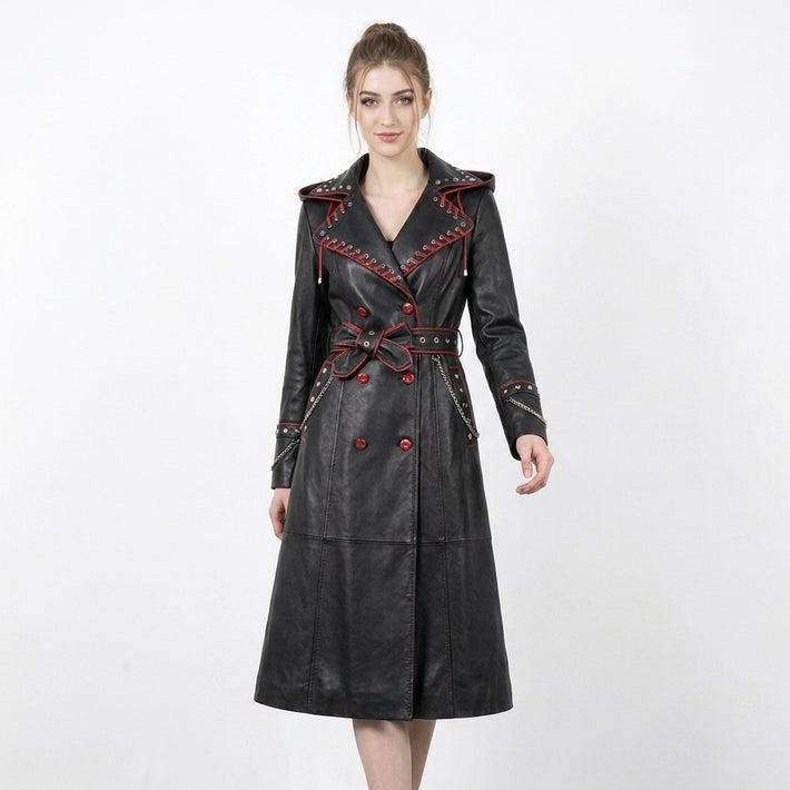 Black Leather Trench Coat With Hood | Corporate Goth Leather Hooded Coat | Princess Coat | Matrix Trench Coat Women | Winter Coat | Womens Clothing | Fall Style Gift