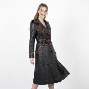 Black Leather Trench Coat With Hood | Corporate Goth Leather Hooded Coat | Princess Coat | Matrix Trench Coat Women | Winter Coat | Womens Clothing | Fall Style Gift