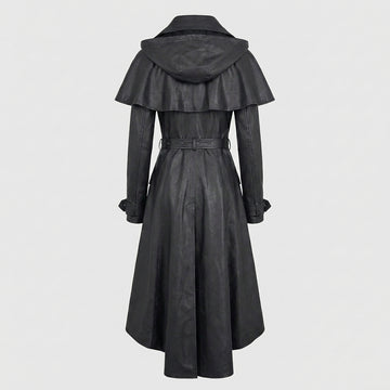 Handcrafted black leather gothic trench coat dress for women with asymmetrical high-low hem