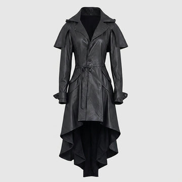 Handcrafted black leather gothic trench coat dress for women with asymmetrical high-low hem
