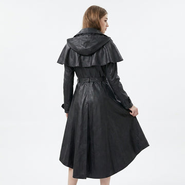 Handcrafted black leather gothic trench coat dress for women with asymmetrical high-low hem