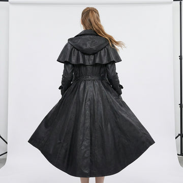 Handcrafted black leather gothic trench coat dress for women with asymmetrical high-low hem