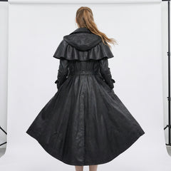 Dark fashion women’s leather trench coat dress with warrior-inspired cape shoulder design