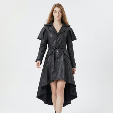 Handcrafted black leather gothic trench coat dress for women with asymmetrical high-low hem