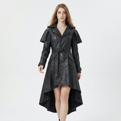 Handcrafted black leather gothic trench coat dress for women with asymmetrical high-low hem